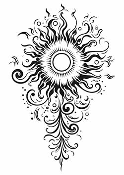 Tattoo template of a stylized sun with flame and swirl patterns