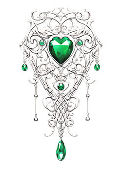 Tattoo template of a heart-shaped emerald with intricate filigree and jewel accents