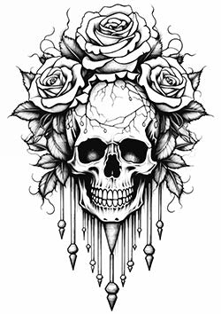 Tattoo template of a skull encircled by roses with dripping details