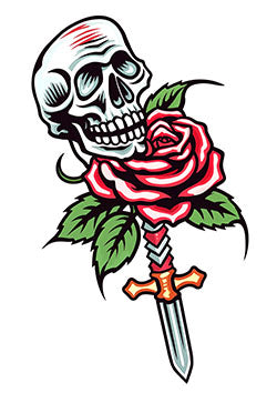 Tattoo template of a skull with a rose and dagger, representing the blend of mortality and beauty