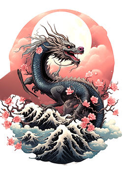 Tattoo template of a dragon with cherry blossoms and waves