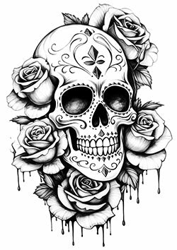 Tattoo template of a sugar skull beautifully decorated with roses and striking details