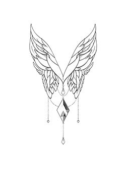 Tattoo template of a pair of angel wings with dangling gemstones and bead chains