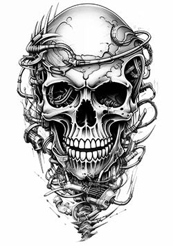 Tattoo template of a futuristic skull with mechanical components and wires.