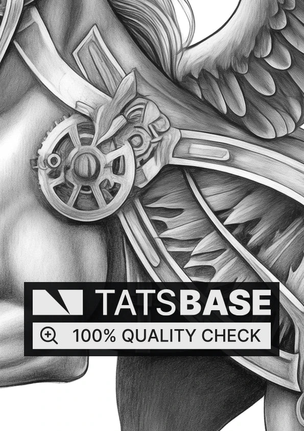 Tattoo template of a majestic mechanical Pegasus blending fantasy and steampunk elements