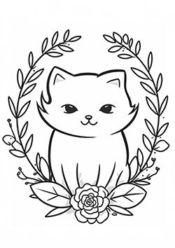 Tattoo template of an adorable cat seated within a floral wreath