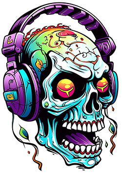 Tattoo template of a colorful skull with headphones exuding psychedelic and musical vibes