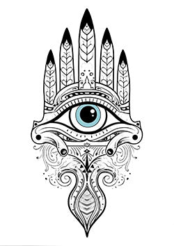 Tattoo template of a detailed hand with a central blue eye surrounded by intricate designs and feathers.