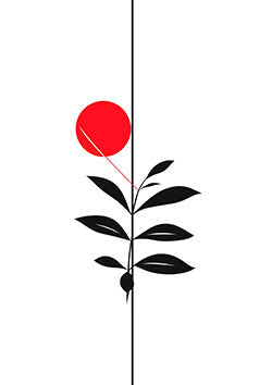 Tattoo template of a minimalist plant with leaves and a red sun