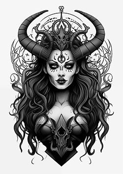 Tattoo template of a gothic woman with horns and flowing hair, exuding dark mystical beauty