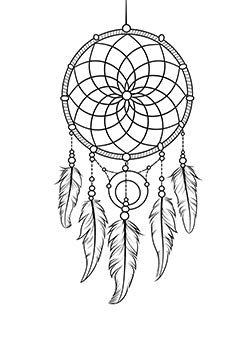 Tattoo template of a detailed dreamcatcher with feathers and beads symbolizing protection and positive energy