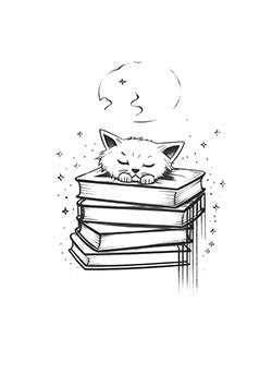 Tattoo template of a cat sleeping on books under a crescent moon and stars