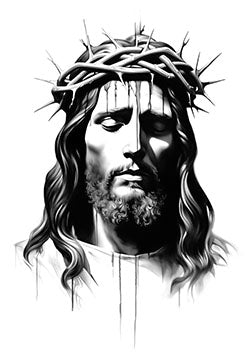 Tattoo template of a serene Jesus with a crown of thorns capturing solemnity and sacrifice