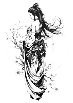 Tattoo template of a woman with cherry blossoms