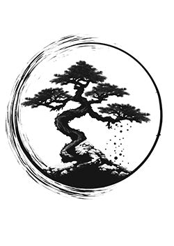 Tattoo template of a bonsai tree with a circular brushstroke in Japanese style.