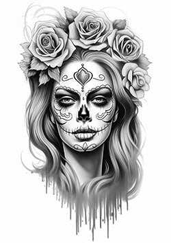 Tattoo template of a sugar skull woman with roses for Dia de los Muertos