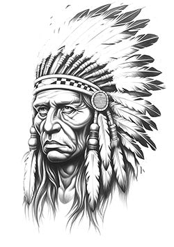 Tattoo template of a Native American chief with traditional feathered headdress exuding dignity and strength.