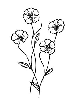 Tattoo template of a delicate bouquet of five flowers with intertwining stems and leaves