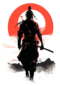 Tattoo template of a samurai silhouette with a backdrop of a red sun