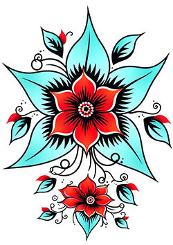 Tattoo template of a vibrant red and blue floral design with intricate leaf details