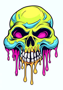 Tattoo template of a brightly colored neon skull with melting and dripping features