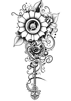 Tattoo template of a mechanical blossom with gears and swirls in black and white