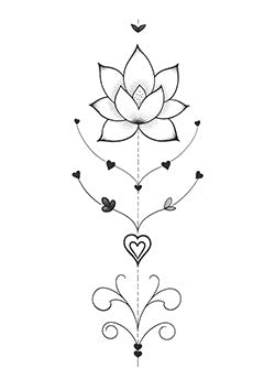 Tattoo template of a symmetrical lotus with hearts and ornamental flourishes