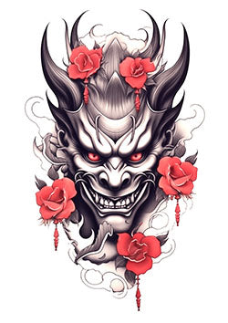 Tattoo template of a Japanese Oni mask with red flowers