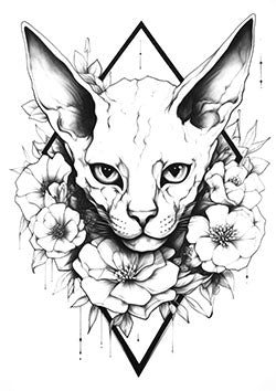 Tattoo template of a Sphynx cat with flowers in an artistic design