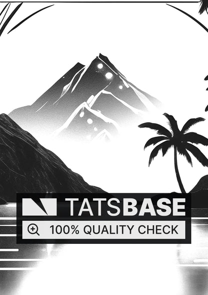 Tattoo template of a tranquil mountain and palms within a triangle