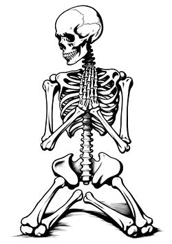 Tattoo template of a kneeling skeletal figure, embracing the stillness of mortality.