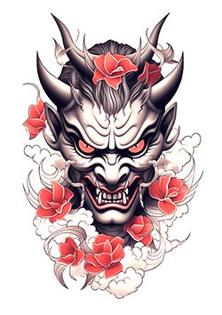 Tattoo template of an oni demon encircled by red flowers