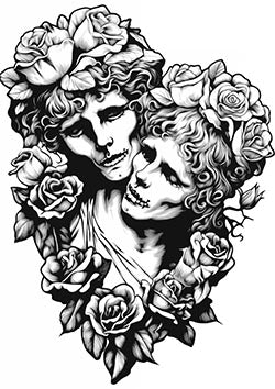 Tattoo template of a juxtaposed living and skeletal face with roses.