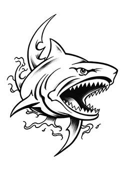 Tattoo template of a fierce shark with open jaws and fluid design elements