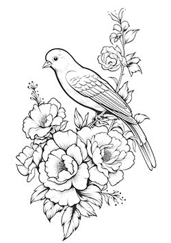 Tattoo template of a bird with flowers