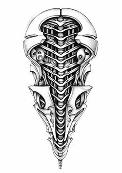 Tattoo template of a futuristic biomechanical design showing intricate mechanical and organic shapes