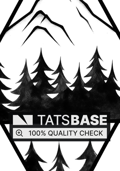 Tattoo template of a mountain with pine trees in a triangle frame