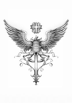 Tattoo template of a sword with angel wings and an ornate cross above it