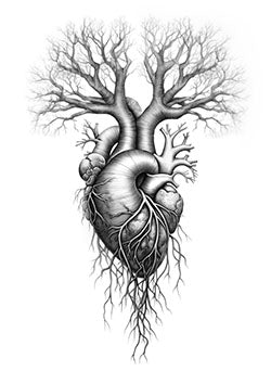 Tattoo template of a detailed human heart transforming into a tree with roots and branches