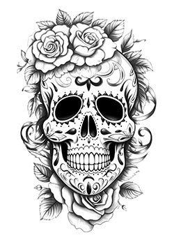 Tattoo template of a skull surrounded by roses