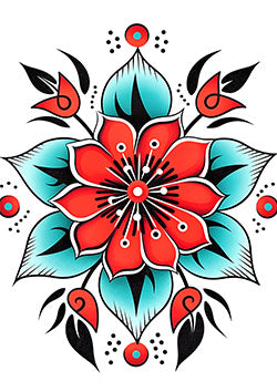 Tattoo template of a traditional vibrant flower with red petals and teal accents