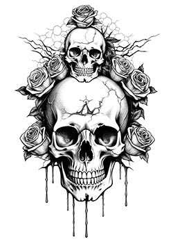 Tattoo template of a skull with roses and dripping ink