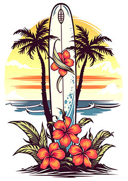 Tattoo template of a surfboard with hibiscus flowers at the beach with a palm tree and ocean in the background