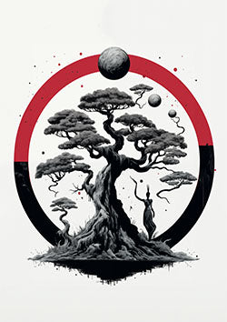 Tattoo template of a bonsai tree with celestial orbs and a moonlit sky in a red and black ring.