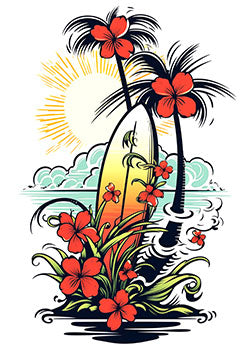 Tattoo template of a surfboard with hibiscus flowers and palm trees at sunset.