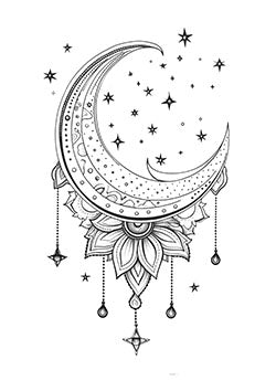 Tattoo template of a crescent moon adorned with a mandala and surrounded by stars.