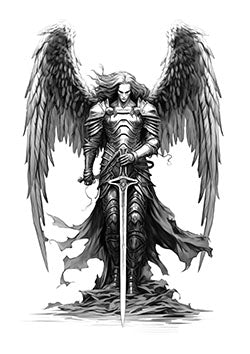 Tattoo template of an armored angelic warrior with wings and sword