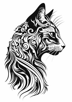 Tattoo template of a stylized cat head with tribal patterns