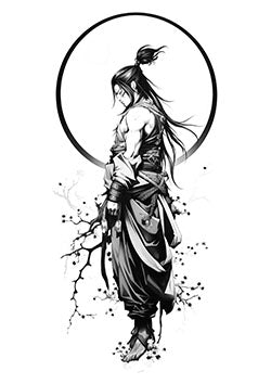 Tattoo template of a samurai with cherry blossoms