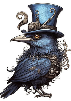 Tattoo template of a blue raven with mechanical gears and a steampunk top hat